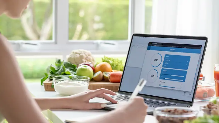 Pessoa em consulta online pelo notebook, numa mesa com frutas e verduras